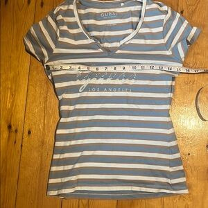 GUESS Striped V-Neck Tee - Light Blue & White